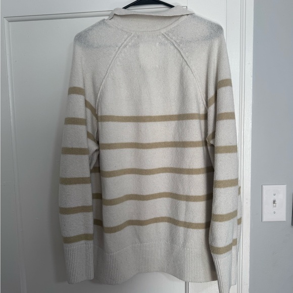 aerie Cream and Tan Striped V-Neck Collared Sweater - Picture 2 of 3